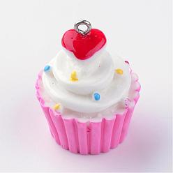 Hot Pink Resin Pendants, with Iron Findings, Cup Cake, Hot Pink, 30~32x23~24mm, Hole: 2mm