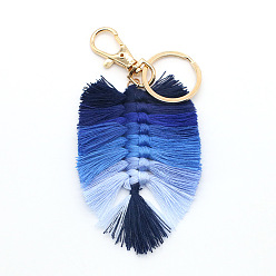 Bleu Foncé Porte-clés pompon en coton, avec apprêts en alliage plaqué or et porte-clés en fer, plume, bleu foncé, 13x6 cm