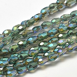 Sea Green Faceted Teardrop Full Rainbow Plated Glass Bead Strands, Sea Green, 5x3mm, Hole: 1mm, about 100pcs/strand, 17.7 inch~19.6 inch
