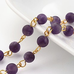 Amethyst Handmade Natural Amethyst Beaded Chains, Unwelded, with Brass Eye Pin, Golden, 39.3 inch