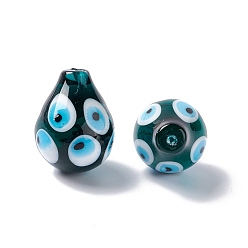 Teal Handmade Evil Eye Lampwork Beads, Half Drilled, Teardrop, Teal, 18.5~22x14.5~15.5mm, Hole: 1.2mm