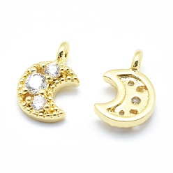 Real 18K Gold Plated Brass Charms, with Cubic Zirconia, Lead Free & Cadmium Free & Nickel Free, Moon, Clear, Real 18K Gold Plated, 11x7x3mm, Hole: 1.5mm