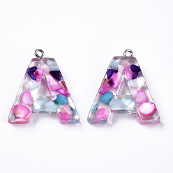 Letter A Transparent Epoxy Resin Pendants, with Shell Slices and Loops, Alphabet, Letter.A, 30x27.5x6mm, Hole: 1.6mm