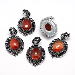 Carnelian Natural Carnelian Gothic Pendants, with Antique Silver Plated Zinc Alloy Rhinestone Findings, Oval, Lead Free & Nickel Free, Total Length: 47~48.5mm, Hole: 5x7mm, Oval Pendant: 39~40x27~27.5x7.5~9mm