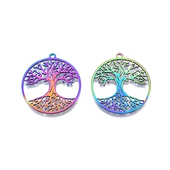 Rainbow Color Placage ionique (ip) 201 pendentif en acier inoxydable, charmes creux, plat et circulaire avec arbre de vie, couleur arc en ciel, 38x35x1.5mm, Trou: 2mm