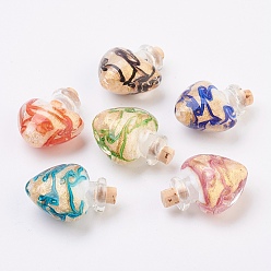 Mixed Color Handmade Lampwork Perfume Bottle Pendants, Essential Oil Bottle, with Gold Sand, Heart, Mixed Color, 30~32mm, Hole: 5.5mm, Bottle Capacity: 0.5~1ml(0.017~0.03 fl. oz)