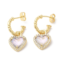 Clair AB Boucles d'oreilles pendantes en forme de cœur en verre avec zircone cubique, bijoux en laiton plaqué or véritable 18k pour femmes, clair ab, 32~32.5x13~13.5mm