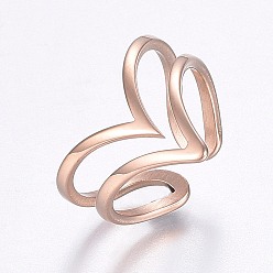 Rose Gold Hollow 304 Stainless Steel Cuff Finger Rings, Rose Gold, Size 7, 17mm