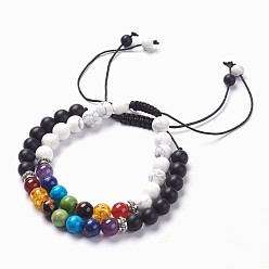 Mixed Stone Chakra Jewelry, Adjustable Natural Gemstone Braided Bead Bracelets, with Mixed Stone and Tibetan Style Alloy Spacer Beads, Frosted, Round, Burlap Packing, 2-3/8 inch(6cm), 2strands/set