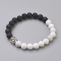 Mixed Stone Natural Lava Rock Beads and Natural Howlite Beads Stretch Bracelets, with Alloy Findings, Buddha, Burlap Packing, Antique Silver, 2-1/8 inch(5.3cm), Bag: 12x8.5x3cm