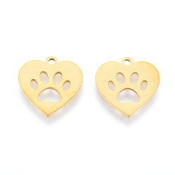 Real 18K Gold Plated 201 Stainless Steel Charms, Laser Cut Pendants, Heart with Dog Paw Prints , Real 18K Gold Plated, 15x15x1mm, Hole: 1.5mm