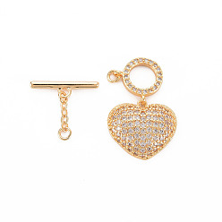Real 18K Gold Plated Brass Micro Pave Clear Cubic Zirconia Toggle Clasps, Clover, Nickel Free, Heart, Real 18K Gold Plated, 40mm, Hole: 1.4mm