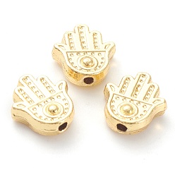 Golden Rack Plating Alloy Beads, Lead Free & Cadmium Free, Long-Lasting Plated, Hamsa Hand/Hand of Miriam, Real 18K Gold Plated, 11x10x3.5mm, Hole: 1.5mm