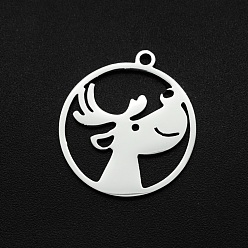 Stainless Steel Color Christmas 201 Stainless Steel Pendants, Laser Cut, Ring with Elk Christmas Reindeer/Stag, Stainless Steel Color, 22x20x1mm, Hole: 1.6mm