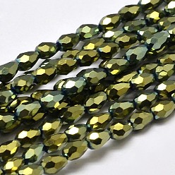 Plaqué Vert Brins de perles de verre galvanisées plaquées pleines de larme à facettes, vert plaqué, 5x3mm, Trou: 1mm, Environ 100 pcs/chapelet, 17.7 pouces ~ 19.6 pouces