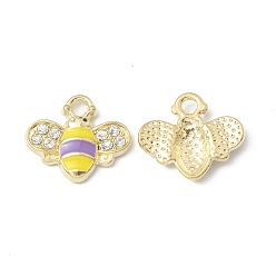 Púrpura Media Encantos de esmalte de aleación de oro plateado, con diamante de imitación, encanto de abeja, púrpura medio, 12.5x14.5x2.5 mm, agujero: 1.8 mm