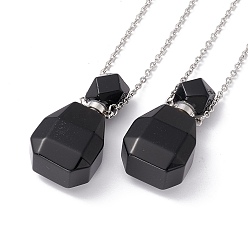 Obsidian Openable Faceted Natural Obsidian Perfume Bottle Pendant Necklaces for Women, 304 Stainless Steel Cable Chain Necklaces, Stainless Steel Color, 18.50 inch(47cm)