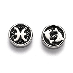 Pisces 304 Stainless Steel Beads, Flat Round with Twelve Constellations, Antique Silver, Pisces, 10x4mm, Hole: 1.8mm