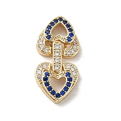 Medium Blue Brass Micro Pave Cubic Zirconia Fold Over Clasps, Heart, Real 18K Gold Plated, Medium Blue, 29x14x4.5mm