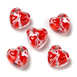 Red Transparent Glass Beads, with Enamel Wave Pattern, Heart, Red, 12x12x6.5mm, Hole: 1mm