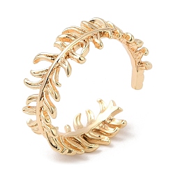 Chapado en Oro Real 18K Anillos de puño de dedo de latón con forma de hoja, anillos abiertos para mujeres y hombres, sin níquel, real 18 k chapado en oro, 1.6~6.8 mm, diámetro interior: 15.5 mm