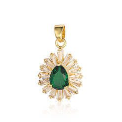 Real 18K Gold Plated Brass Micro Pave Green Cubic Zirconia Pendants, Teardrop Charms, Real 18K Gold Plated, 20x14x5mm