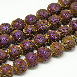 Plaqué Violet Galvanoplastie des brins de perles de pierre de lave naturelle, Style mat, ronde, pourpre plaqué, 4~5mm, Trou: 0.5mm, Environ 88 pcs/chapelet, 13.7~14.9 pouce