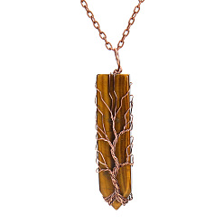 Tiger Eye Natural Tiger Eye Bullet Copper Wire Wrapping Pendant Necklaces, Cable Chain Necklace, 20-7/8 inch(53cm)