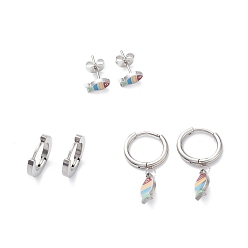 Stainless Steel Color 3 Pairs 3 Style Enamel Fish Dangle Hoop Earrings, 304 Stainless Steel Stud Earrings for Women, Stainless Steel Color, 8~27mm, Pin: 1mm, 1 Pair/style