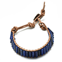 Lapis Lazuli Cowhide Leather Cord Bracelets, with Column Natural Lapis Lazuli Beads and Alloy Findings, 9~11 inch(23~28cm)
