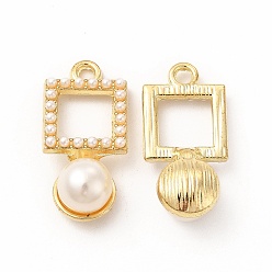 Oro Colgantes de perlas de imitación de plástico abs, con fornituras de aleación, encanto cuadrado, dorado, 25x12x8.5 mm, agujero: 2 mm