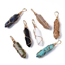 Mixed Stone Natural & Synthetic Gemstone Big Pendants, with Brass Findings, Hexagonal Prisms, 44.5~52x10~11x9.5~10.5mm, Hole: 4x7mm