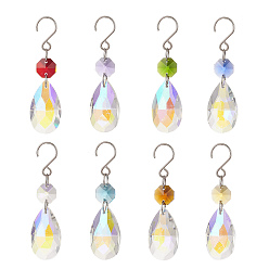 Mixed Color Glass Pendant Decorations, with Stainless Steel S-Hook, Teardrop, Mixed Color, 82mm, 8pcs/set