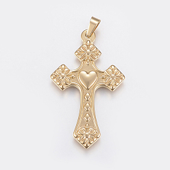 Golden Ion Plating(IP) 304 Stainless Steel Big Pendants, Cross with Heart, Golden, 50x30x3mm, Hole: 4x7mm