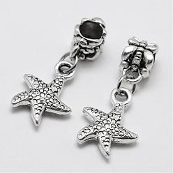 Antique Silver Alloy European Dangle Charms, Starfish/Sea Stars, Large Hole Pendants, Antique Silver, 28mm, Hole: 5mm