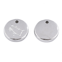 Gemini 316 Surgical Stainless Steel Charms, Flat Round with Constellation, Stainless Steel Color, Gemini, 10x2mm, Hole: 1mm