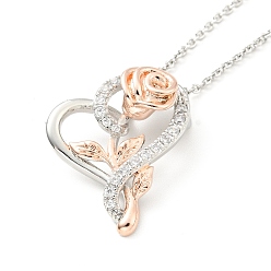 Platinum & Rose Gold Clear Cubic Zirconia Heart with Rose Pendant Necklace, Two Tone Brass Jewelry for Women, Platinum & Rose Gold, Pedants: 23x17x8mm, 15.94 inch(40.5cm)