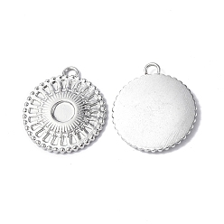 Stainless Steel Color 304 Stainless Steel Pendant Cabochon Settings, Flat Round with Sun Charm, Stainless Steel Color, Tray: 4mm, 18.5x16.5x1.8mm, Hole: 1.6mm