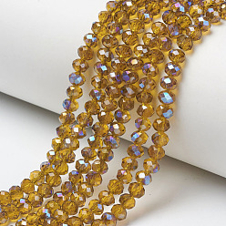 Dark Goldenrod Electroplate Glass Beads Strands, Half Plated, Blue Plated, Faceted, Rondelle, Dark Goldenrod, 3.5x3mm, Hole: 0.4mm, about 123~127pcs/strand, 13.7~14.1 inch(35~36cm)