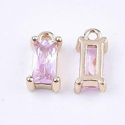Perlas de Color Rosa Encantos de cristal transparente, con fornituras de latón, facetados, Rectángulo, la luz de oro, rosa perla, 8.5x4x3 mm, agujero: 1 mm
