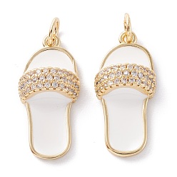 White Brass Micro Pave Clear Cubic Zirconia Pendants, with Enamel & Jump Ring, Long-Lasting Plated, Slipper, Real 18K Gold Plated, White, 23x10.5x5.5mm, Hole: 3.6mm