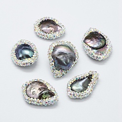 Nacre Perles de culture d'eau douce de perles baroques naturelles, avec argile polymère strass, nuggets, 22~25x17~20x5~13mm, Trou: 0.5mm