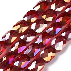 Dark Red Faceted Electroplated Transparent Glass Beads Strands, AB Color Plated, Oval, Dark Red, 10.5x8x5mm, Hole: 1.5mm, about 58~60pcs/strand, 25.59 inch(65cm)