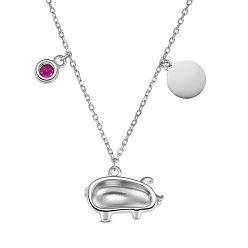 Platinum SHEGRACE 925 Sterling Silver Pendant Necklaces, with Grade AAA Cubic Zirconia and Cable Chains, Pig and Flat Round, Platinum, 16.54 inch(42cm)