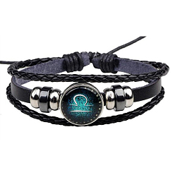 Libra Constellation Glass Link Multi-strand Bracelet, PU Leather Braided Triple Layer Gothic Bracelet for Men Women, Libra, 7-1/8~9-7/8 inch(18~25cm)