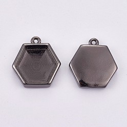 Bronze Ensembles de pendentif de cabochon en laiton, cuvettes à bord droit, plaqué longue durée, hexagone, gris anthracite, plateau: 10.5x11.5 mm, 14.5x14x3 mm, Trou: 0.8mm