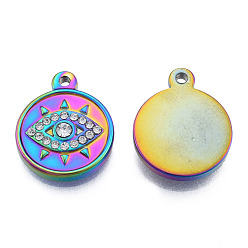 Rainbow Color 304 Stainless Steel Pendants, with Crystal Rhinestone, Flat Round with Eye, Rainbow Color, 19x15.5x3mm, Hole: 1.6mm