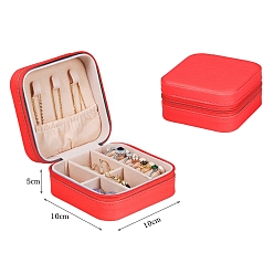 Red PU Leather Jewelry Zipper Boxes, with Velvet Inside, for Rings, Necklaces, Earrings, Rings Storage, Square, Red, 100x100x50mm