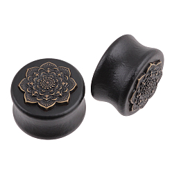 Noir Jauges de bouchons d'oreilles fleur de mandala en bois naturel, extenseur d'oreille tunnel pour femme, noir, 20mm