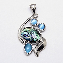 Colorful Abalone Shell/Paua Shell Pendants, with Brass Pendant Settings and Cat Eye Cabochons, Oval, Platinum Metal Color, Colorful, 39x26x4.5mm, Hole: 7x4mm